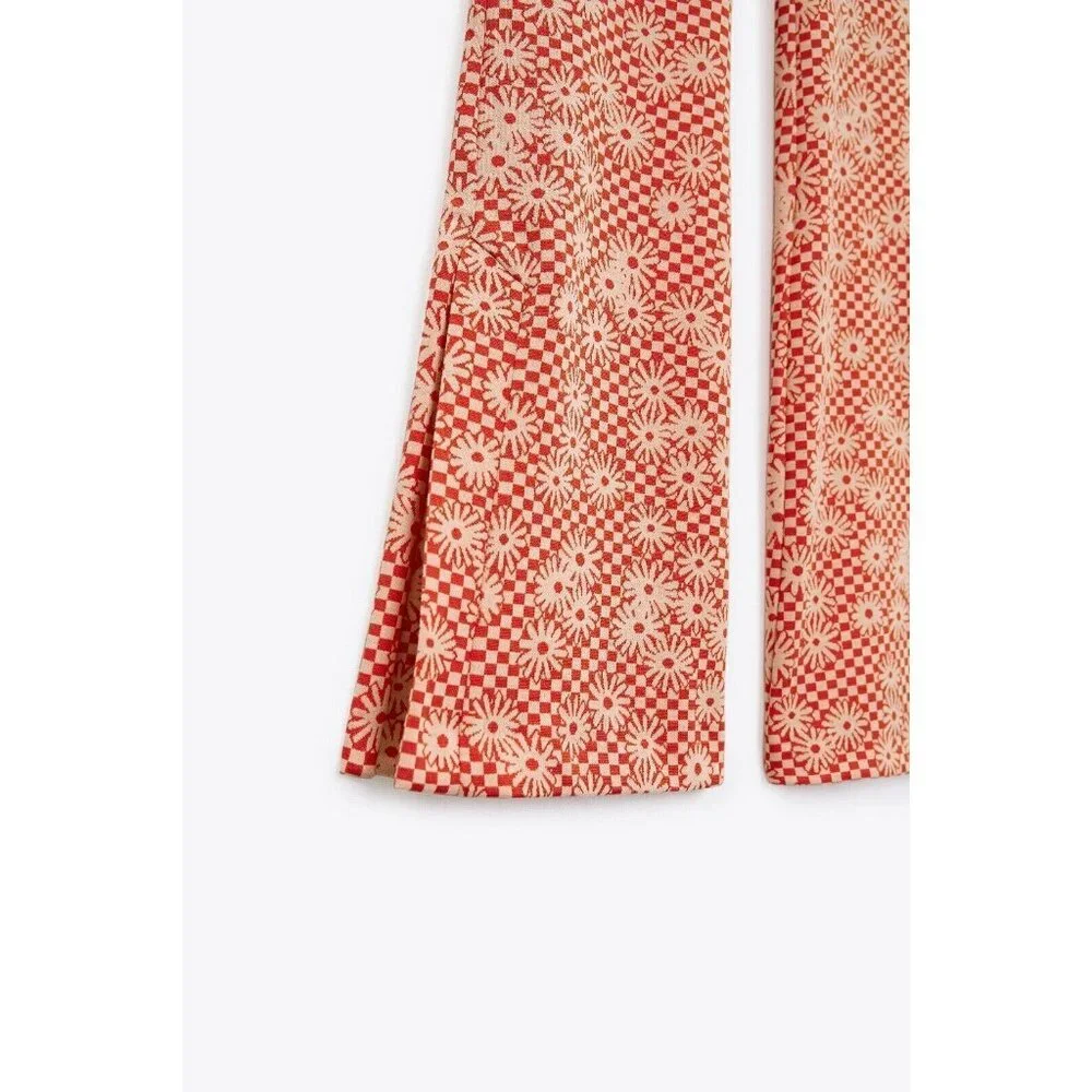 NEW ZARA Orange Daisy Print Flare Bottom Pants Size S Boho Hippie 70s Peace - Picture 4 of 7